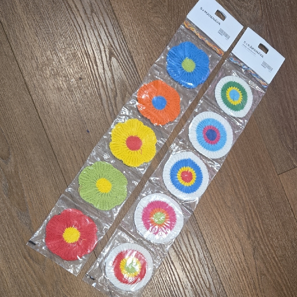 NWT. IKEA KNIT COASTERS/ORNAMENTS... APPLIQUE...5/KARRNAVA.. 5/MJUKNAVA.. #7887